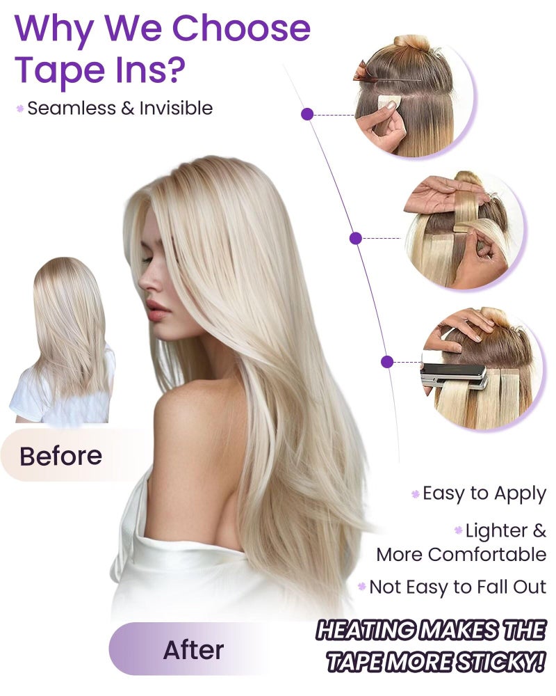 LaaVoo Tape in Extensions Balayage Blonde Human Hair Tape in Hair Extensions Light Brown to Ash Blonde Mix Platinum Blonde Hair Extensions Tape on Real Human Hair 18inch 50g 20pcs - Image 2